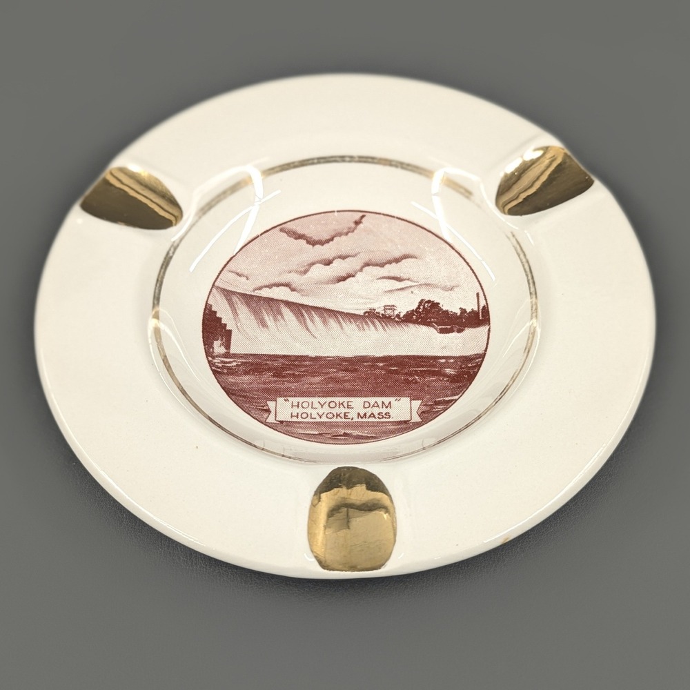 Pearl China Co Holyoke Dam Massachusetts 22KT Gold Hand Decorated Ashtray